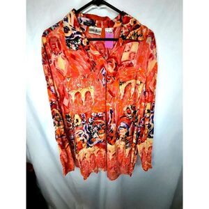 Natalie + Me Pure Silk Button Up Floral Watercolor Art Button Front L Large